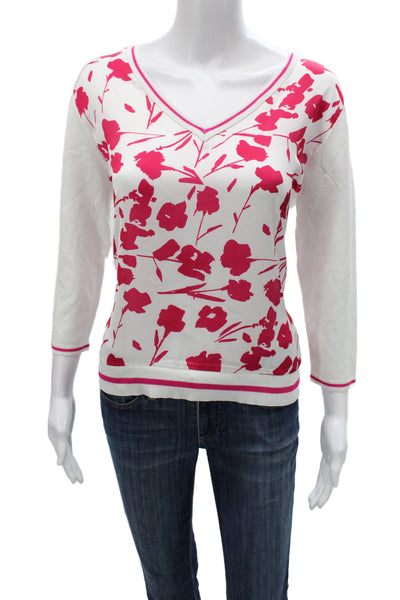 Leo & Ugo Women V-Neck Floral Pullover 3/4 Sleeve Pink Size 2