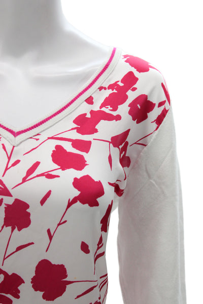 Leo & Ugo Women V-Neck Floral Pullover 3/4 Sleeve Pink Size 2