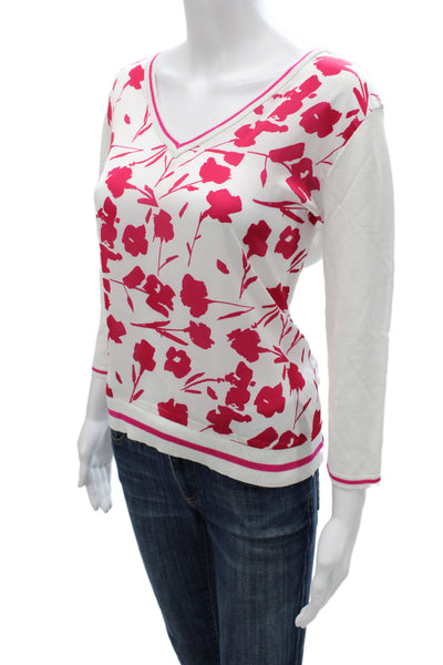 Leo & Ugo Women V-Neck Floral Pullover 3/4 Sleeve Pink Size 2