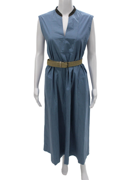 Brunello Cucinelli Womens Maxi Dress Blue Cotton V-Neck Sleeveless Size XS