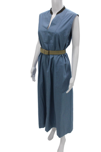 Brunello Cucinelli Womens Maxi Dress Blue Cotton V-Neck Sleeveless Size XS