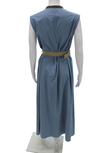 Brunello Cucinelli Womens Maxi Dress Blue Cotton V-Neck Sleeveless Size XS