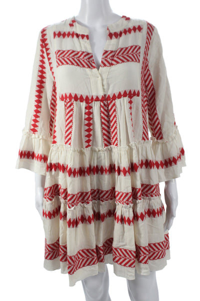Kasia Women Shift Dress Ivory Cotton V-Neck 3/4 Sleeve Mini Bohemian Size M