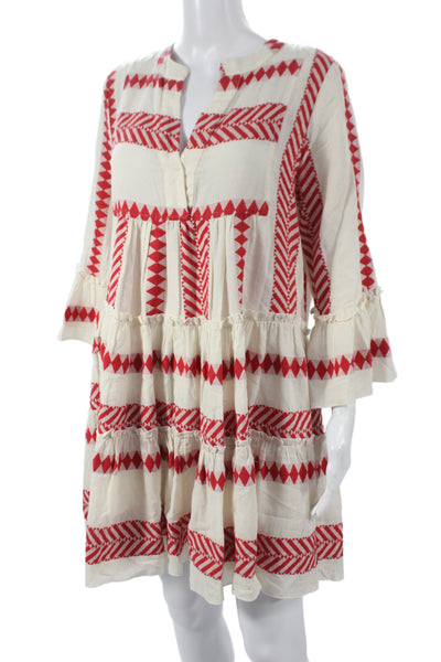 Kasia Women Shift Dress Ivory Cotton V-Neck 3/4 Sleeve Mini Bohemian Size M