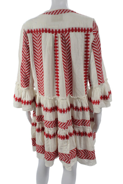 Kasia Women Shift Dress Ivory Cotton V-Neck 3/4 Sleeve Mini Bohemian Size M
