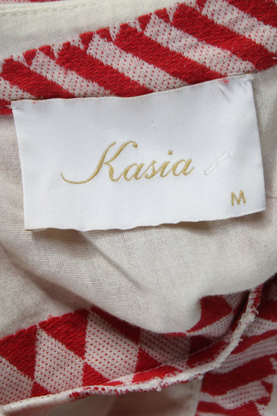 Kasia Women Shift Dress Ivory Cotton V-Neck 3/4 Sleeve Mini Bohemian Size M