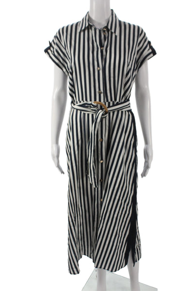 Zara Women Blue Striped Linen Shirt Dress Midi Short Sleeve Size S