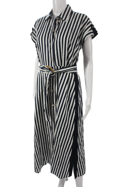 Zara Women Blue Striped Linen Shirt Dress Midi Short Sleeve Size S