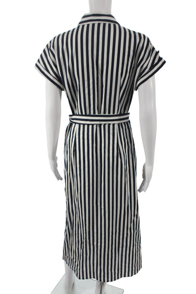 Zara Women Blue Striped Linen Shirt Dress Midi Short Sleeve Size S