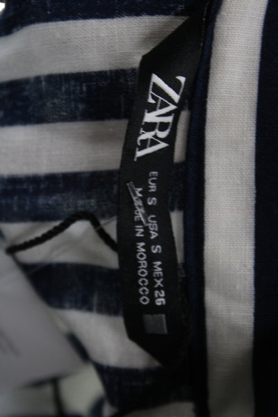 Zara Women Blue Striped Linen Shirt Dress Midi Short Sleeve Size S