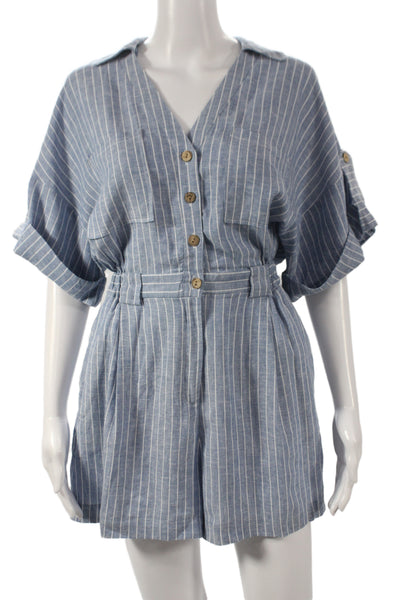 Zara Womens Blue Pinstripe Linen Collared Short Sleeve Romper Button Size S