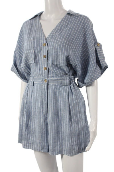 Zara Womens Blue Pinstripe Linen Collared Short Sleeve Romper Button Size S