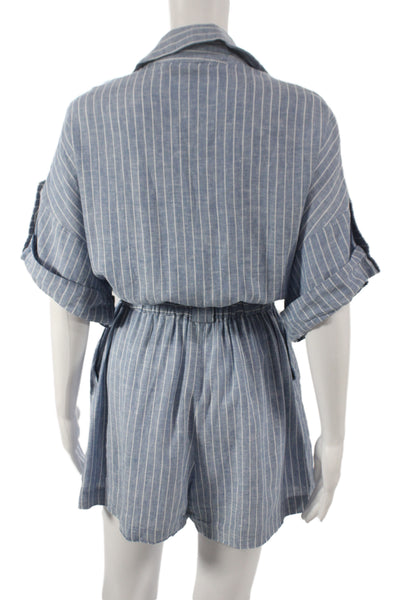 Zara Womens Blue Pinstripe Linen Collared Short Sleeve Romper Button Size S