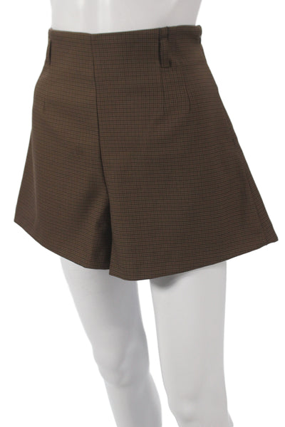 Zara Womens Culotte Shorts Brown Check Zip 100% Polyester Classic Size M