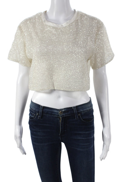 Joy Cioci Womens Cropped Metallic Crew Neck Short Sleeve Tee Ivory Size 1