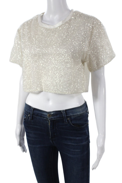 Joy Cioci Womens Cropped Metallic Crew Neck Short Sleeve Tee Ivory Size 1