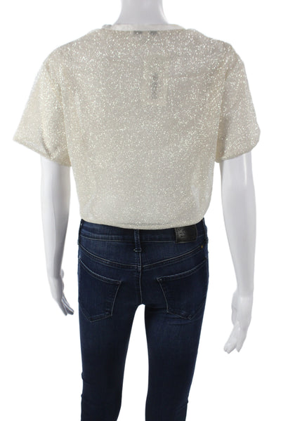 Joy Cioci Womens Cropped Metallic Crew Neck Short Sleeve Tee Ivory Size 1