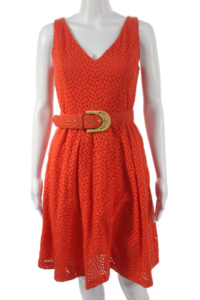 Ellen Tracy Women Fit & Flare Orange V-Neck Sleeveless Knee Length Dress Size 2