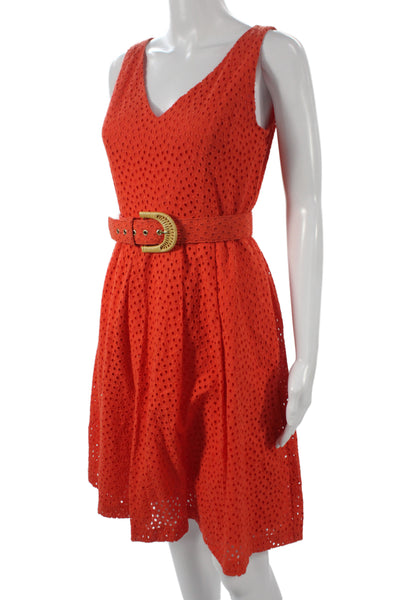 Ellen Tracy Women Fit & Flare Orange V-Neck Sleeveless Knee Length Dress Size 2
