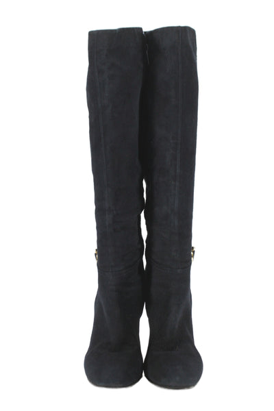 Tory Burch Womens Suede Gold Tone Knee High Boots Navy Blue Size 8.5 Medium