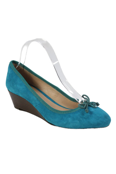 Tory Burch Womens Suede Bow Detail Low Wedge Pumps Blue Size 8 Medium