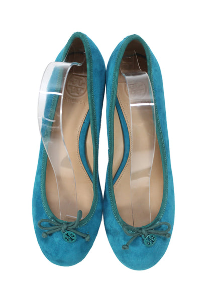 Tory Burch Womens Suede Bow Detail Low Wedge Pumps Blue Size 8 Medium
