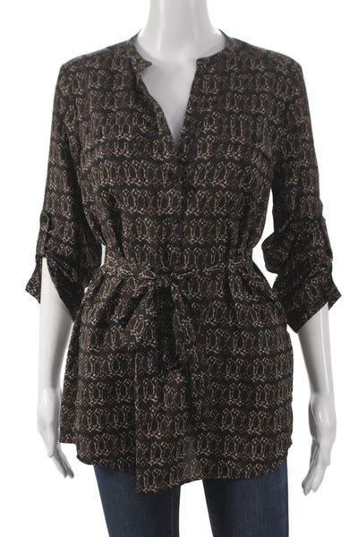 Calvin Klein Women Tunic V-Neck Button Geometric Black 3/4 Sleeve Size S