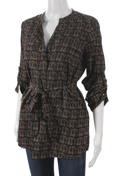 Calvin Klein Women Tunic V-Neck Button Geometric Black 3/4 Sleeve Size S