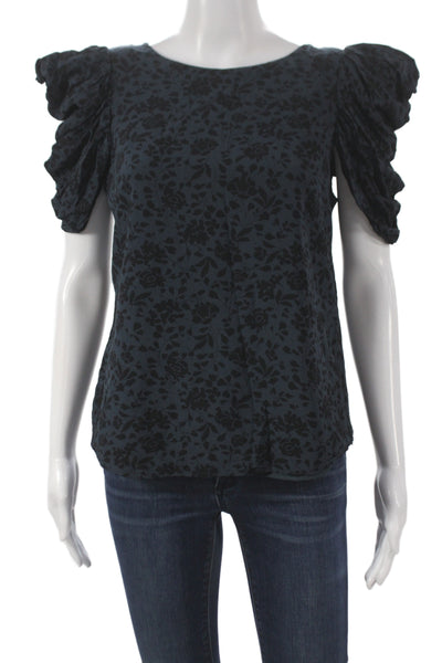 Joie Womens Basic Floral Blouse Black Short Sleeve Round Neck Size S