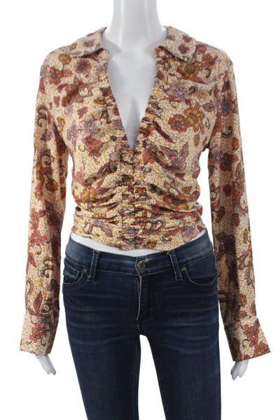 A.L.C. Women Cropped Floral Silk Collared Button Long Sleeve Boho Blouse Size 0