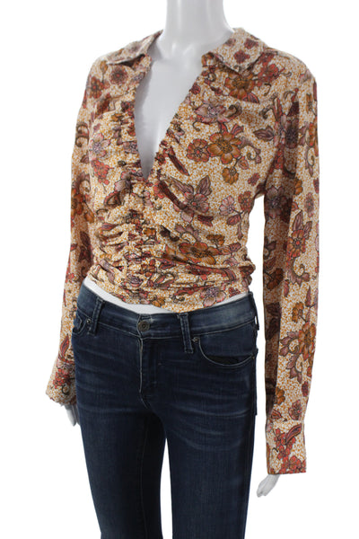 A.L.C. Women Cropped Floral Silk Collared Button Long Sleeve Boho Blouse Size 0