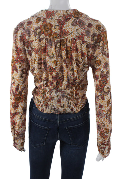 A.L.C. Women Cropped Floral Silk Collared Button Long Sleeve Boho Blouse Size 0