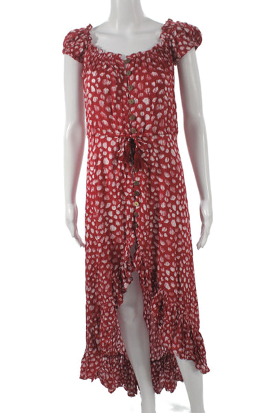 Tiare Hawaii Women Red Batik Off Shoulder Maxi Dress Rayon Button Size One Size