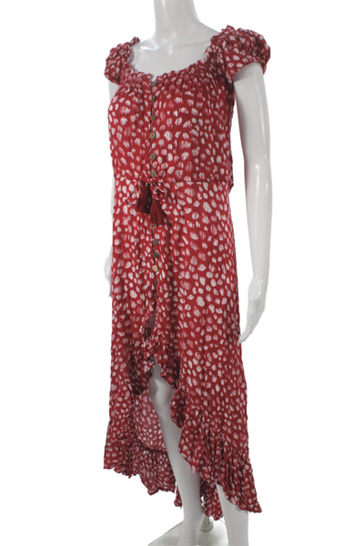 Tiare Hawaii Women Red Batik Off Shoulder Maxi Dress Rayon Button Size One Size