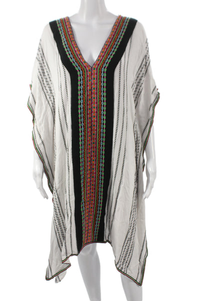 Pitusa Women Kaftan Cover Up White V Neck Striped Viscose Short Sleeve Size XS
