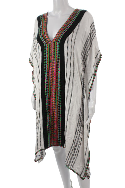 Pitusa Women Kaftan Cover Up White V Neck Striped Viscose Short Sleeve Size XS