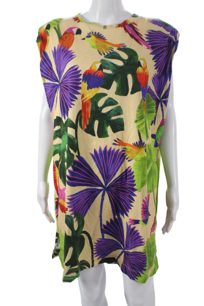 Farm Rio Women T-Shirt Dress Beige Floral Sleeveless Cotton Short Size L