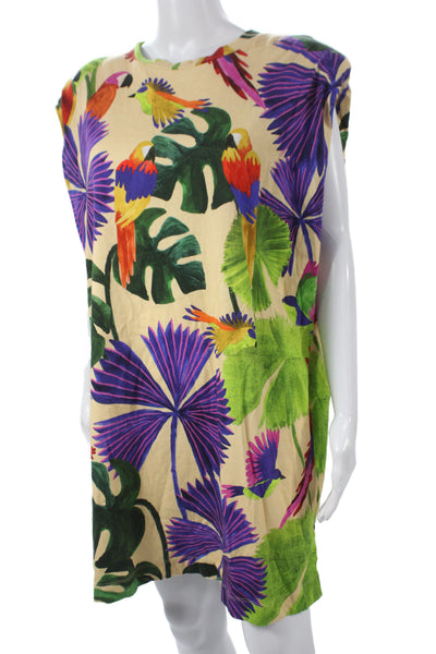 Farm Rio Women T-Shirt Dress Beige Floral Sleeveless Cotton Short Size L