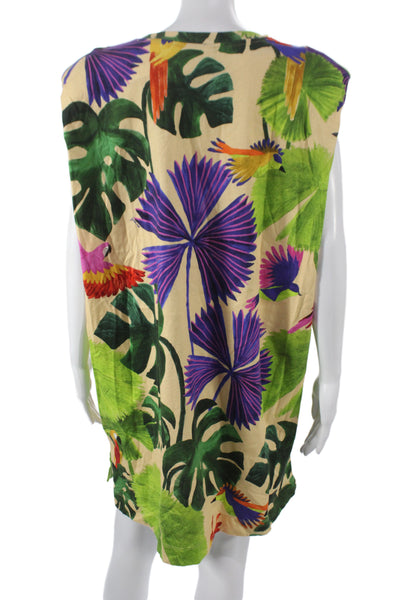 Farm Rio Women T-Shirt Dress Beige Floral Sleeveless Cotton Short Size L