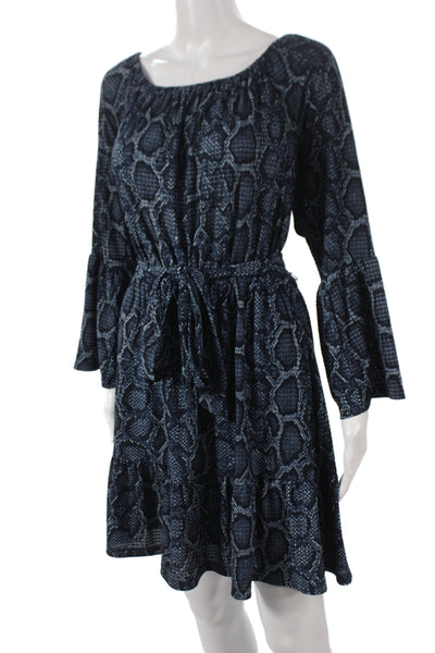 Michael Michael Kors Women Blue Animal Print Shift Dress Long Sleeve Size M