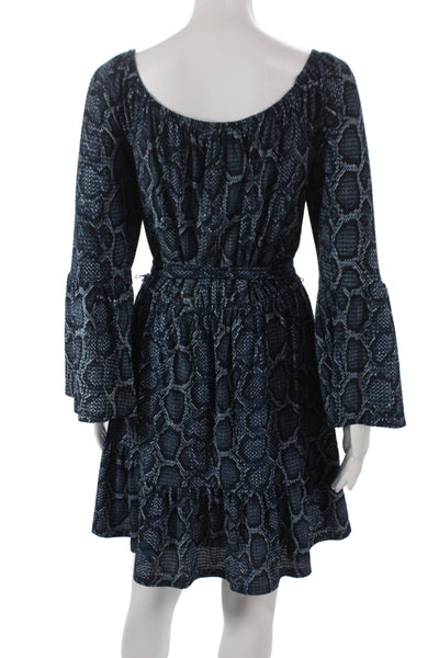 Michael Michael Kors Women Blue Animal Print Shift Dress Long Sleeve Size M