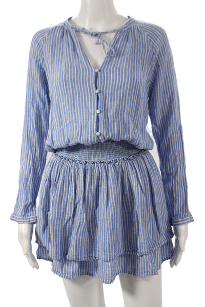 Rails Womens Blouson Dress Blue Striped V-Neck Long Sleeve Linen Size S