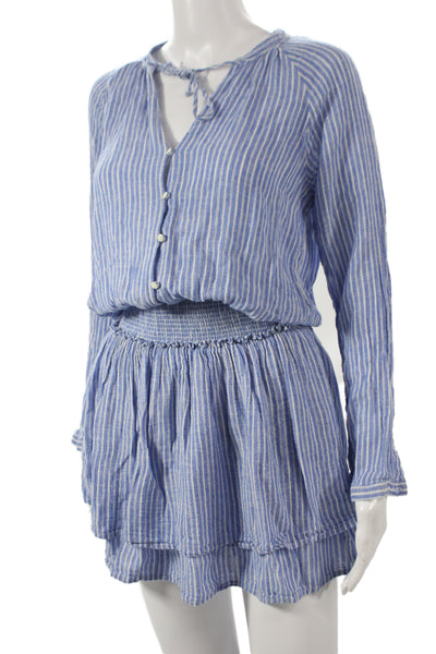Rails Womens Blouson Dress Blue Striped V-Neck Long Sleeve Linen Size S