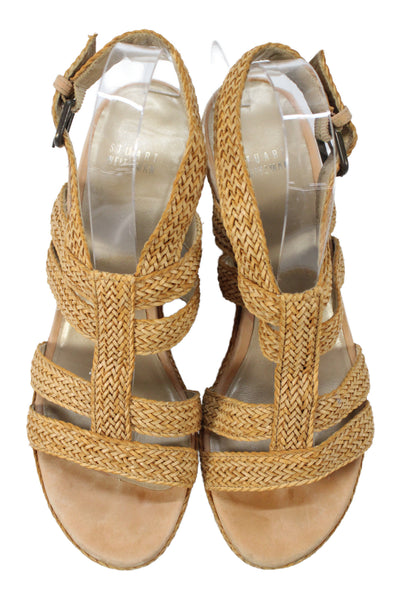 Stuart Weitzman Womens Block Heel Platform Woven Leather Sandals Brown Size 9