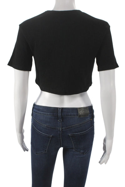 The Frankie Shop Women Cropped Black Tee Cotton Crewneck Sleeve Size M