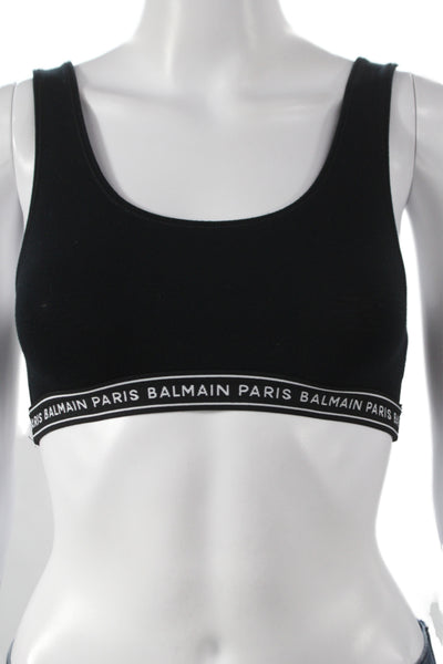 Balmain Womens Cotton Logo Band Scoop Neck Sports Bra Black Size 36