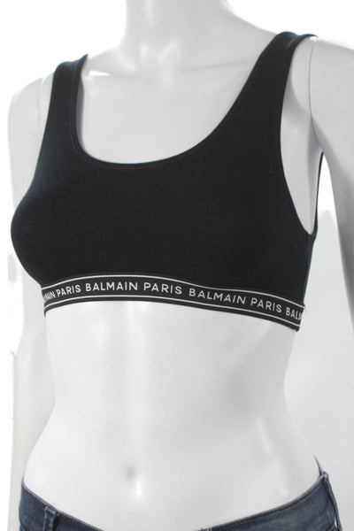 Balmain Womens Cotton Logo Band Scoop Neck Sports Bra Black Size 36