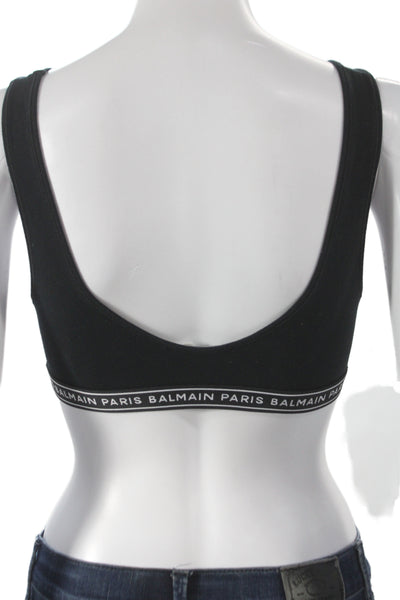 Balmain Womens Cotton Logo Band Scoop Neck Sports Bra Black Size 36