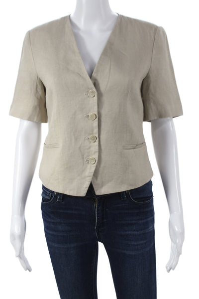 Zara Womens Basic Linen Jacket Beige Button V Neck Short Sleeve Size S