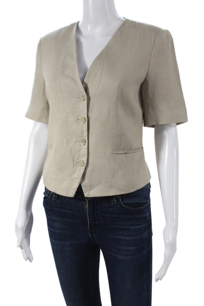 Zara Womens Basic Linen Jacket Beige Button V Neck Short Sleeve Size S